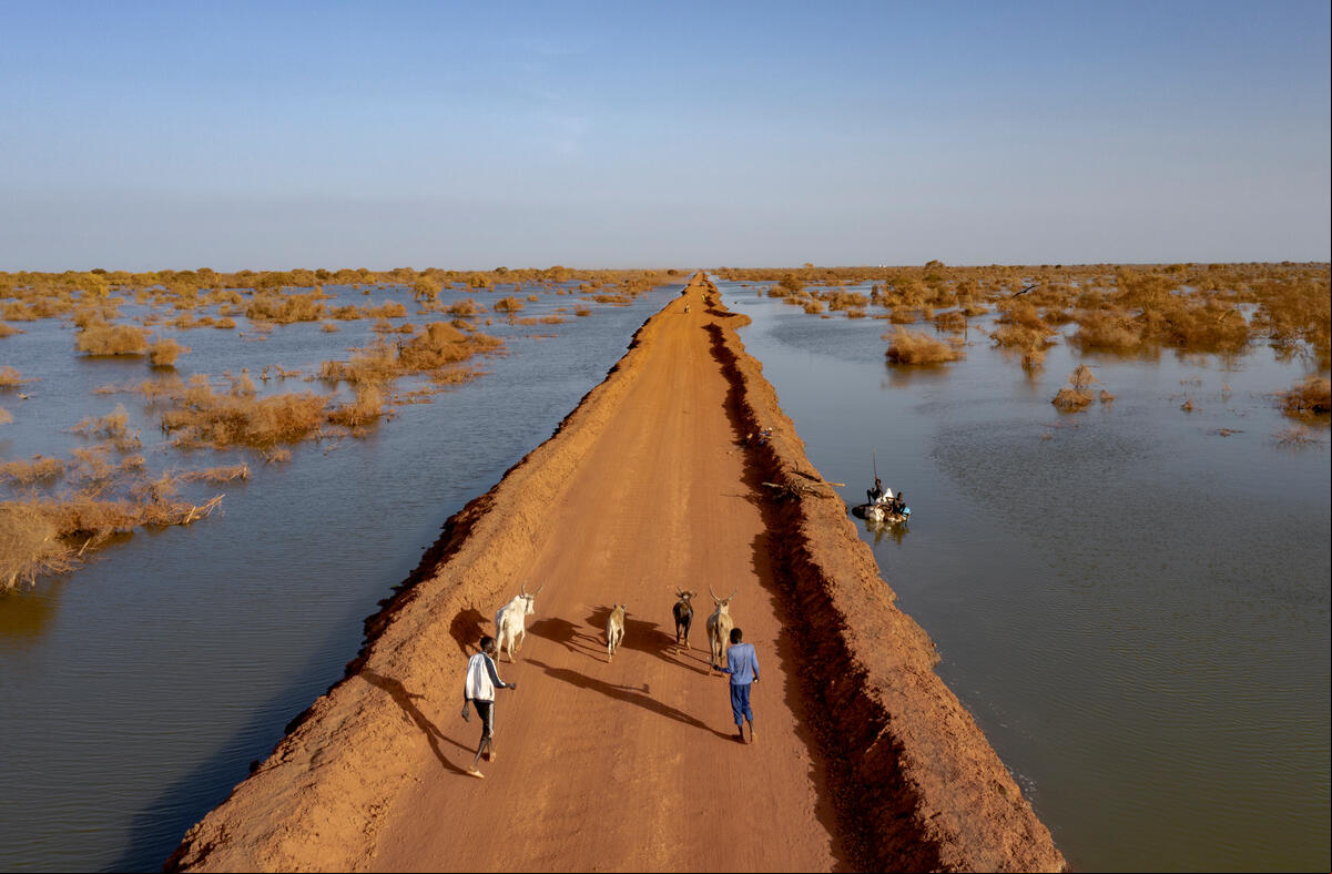 A road protected by dikes cuts through floodwater that stretches all the way to the horizon, near Bentiu. South Sudan. Years of flooding leaves thousands permanently displaced in Bentiu