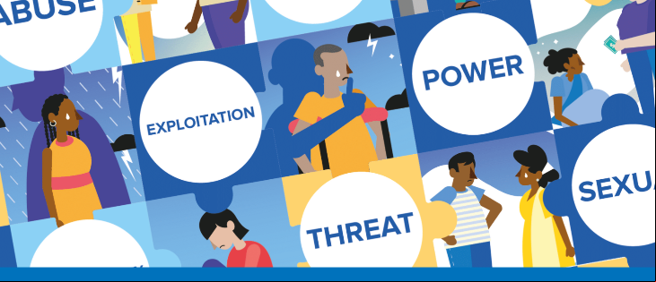 Illustration of various people with the words "Exploitation" "Power" "Threat" etc