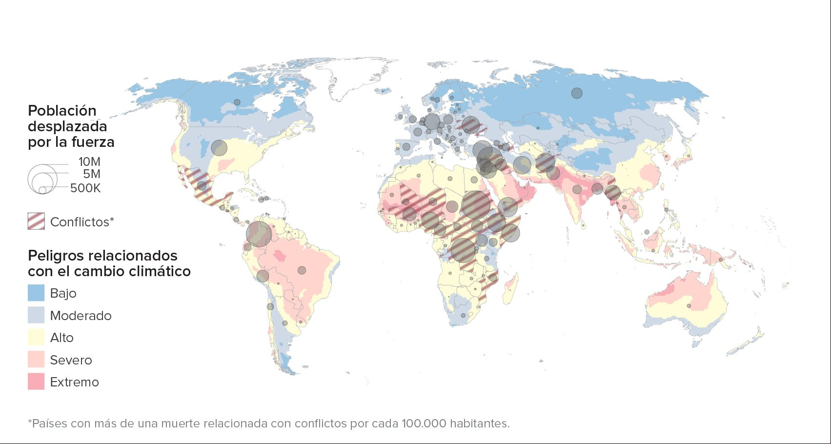 Mapa de peligros relacionados con el cambio climático y países con más muertes relacionada con conflictos.