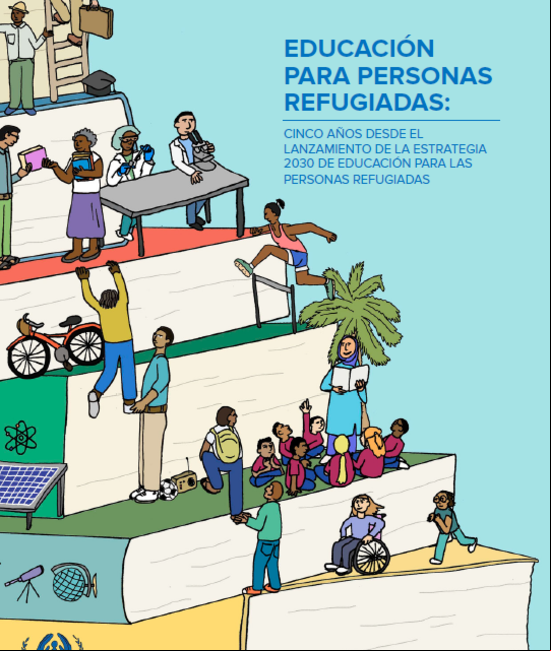 Portada del informe: libros de diversos colores apilados como escaleras que están subiendo personas de distintos orígenes y características