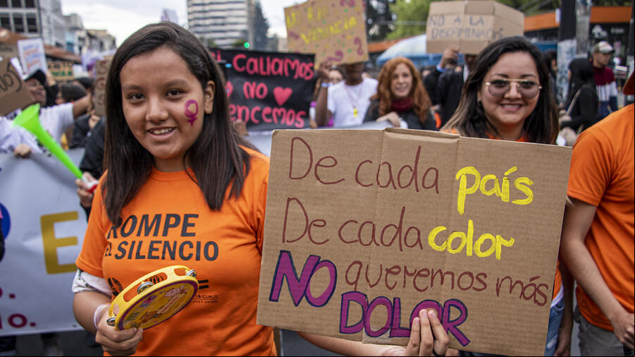 Marcha contra la violencia de género en Quito, Ecuador. En una marcha contra la violencia de género en Quito, Ecuador, una manifestante muestra un cartel donde se lee: "De cada país, de cada color, no queremos más dolor".