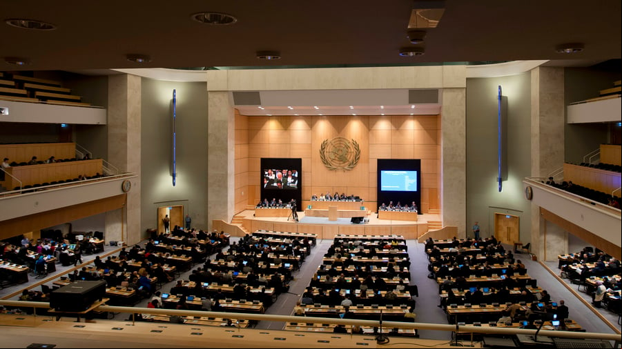Una sala de la Organización de las Naciones Unidas vista desde atrás