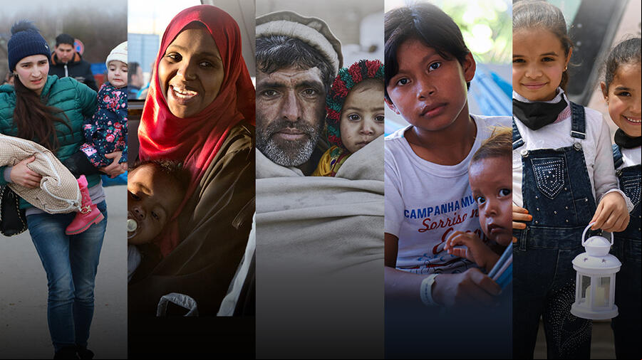 Collage de personas refugiadas y desplazadas, entre ellas, personas adultas, así como niñas y niños Collage de personas refugiadas y desplazadas, entre ellas, personas adultas, así como niñas y niños